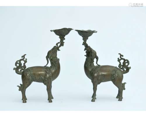 A Pair of Bronze Deer Form Candle Stiker