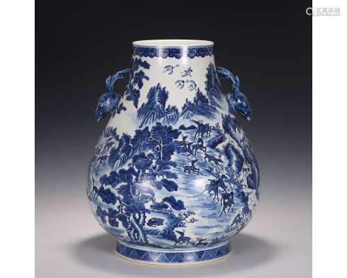A Blue And White Hundred Deers Zun Vase