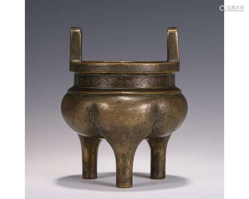 A Silver Inlaid Bronze Tripod Censer