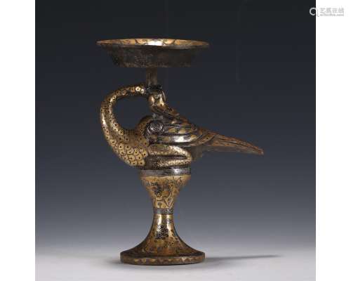 A Gold and Silver Mounted Bird Shape Bronze Oil Lamp