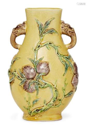 A Chinese aubergine and green-decorated yellow-ground vase, ...