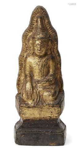 A Burmese lacquered and gilded terracotta stele with a depic...