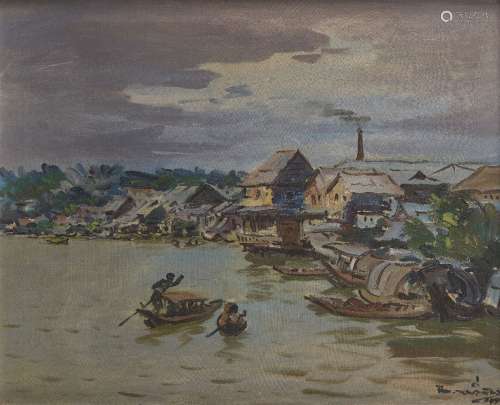 CHALERM NAKEERAKS (1917-2002), oil on canvas, river landscap...