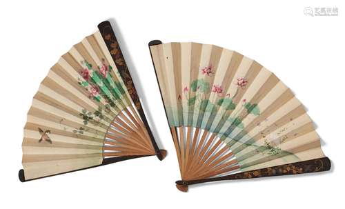 Two Japanese painted paper fans, Meiji period, each with lac...