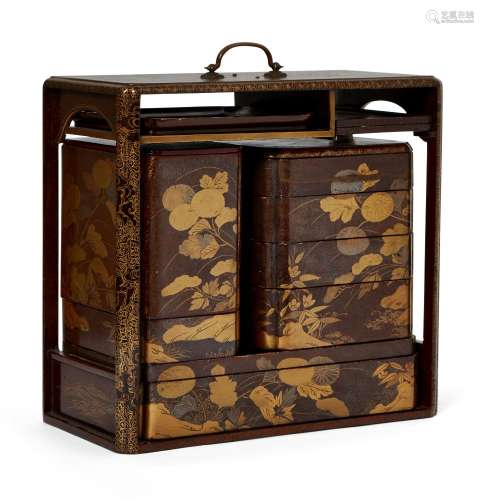 A Japanese lacquer picnic set, 19th century, lacquered in hi...