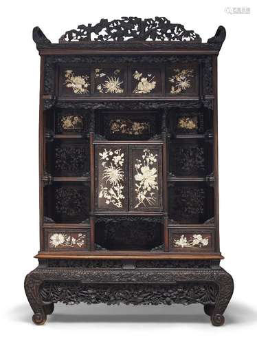 A Japanese ivory and mother of pearl inlaid rosewood shodana...