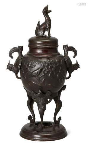 A Japanese bronze tripod censer and cover, Meiji period, wit...