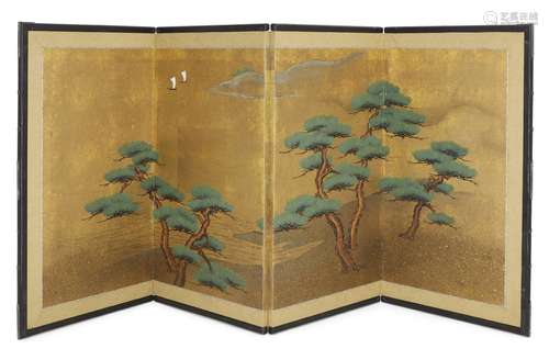 A Japanese four panel screen, ink and colour on paper, 19th ...