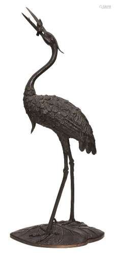 A Japanese bronze heron, Meiji Period, naturalistic body wit...