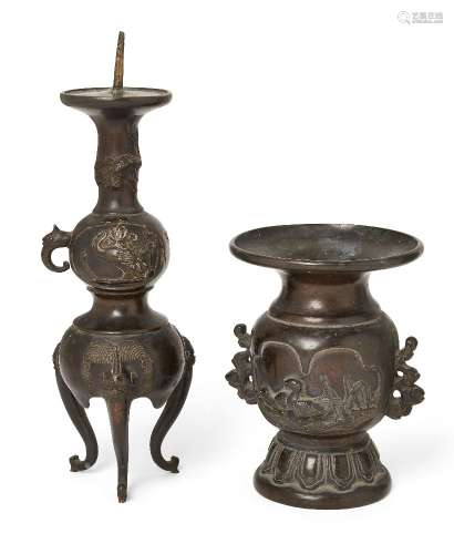 A Japanese bronze tripod candlestick, early 19th century, ca...