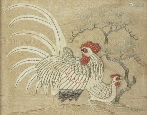 A Japanese silk embroidered rooster and hen, early 20th cent...