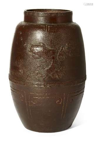 Japanese bronze ovoid vase, 19th century, decorated with koi...