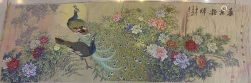 创汇时期 彩色织锦孔雀牡丹壁挂。