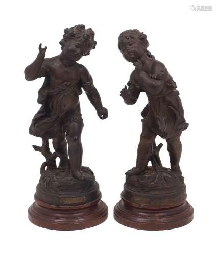 A pair of French spelter figures entitled 'Les Premices', af...