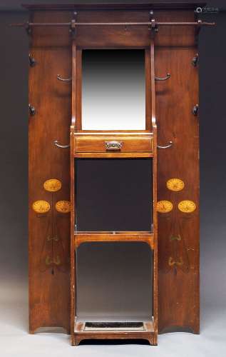 An Edwardian mahogany and marquetry inlaid hall stand, the b...