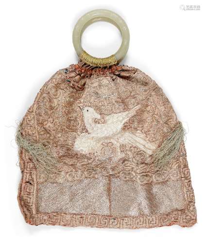 A Chinese embroidered silk bag, Qing Dynasty, with associate...
