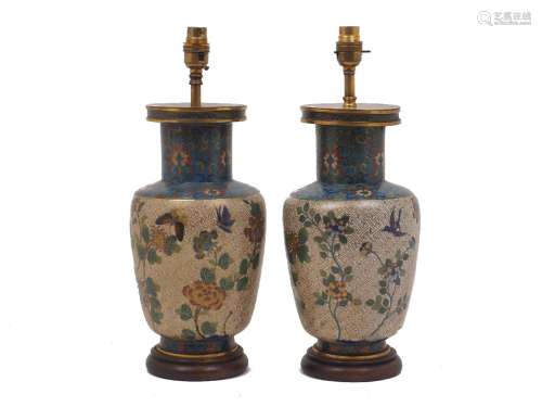 A pair of Chinese cloisonné vase lamps, 20th century, the bo...