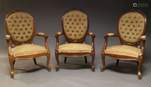 Three Louis XV style mahogany salon armchairs, late 19th, ea...