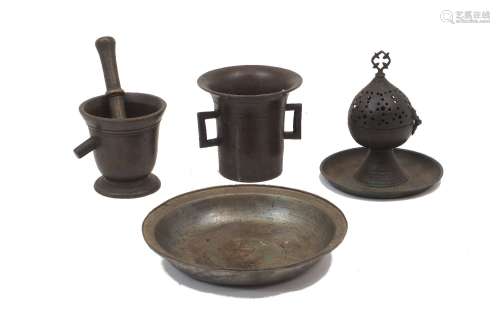 Two bronze mortars, 19th century, together with a bronze pes...