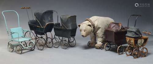 A group of five toy prams, late 19th Century and later, of t...
