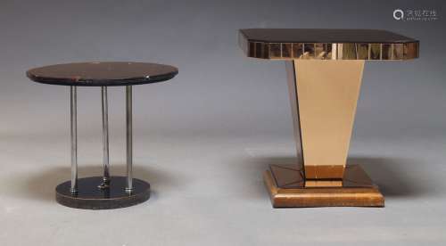 An Art Deco peach mirrored occasional table, the square top ...