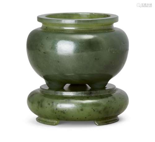 A Chinese spinach-green jade miniature tripod censer and sta...