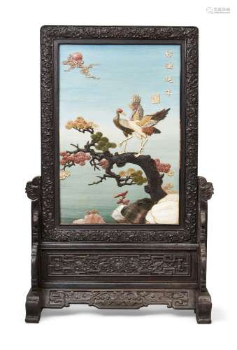 A Chinese lacquered and inlaid hardwood table screen, 20th c...