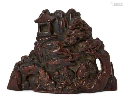 A Chinese hardwood carving, 19th century, depicting scholars...