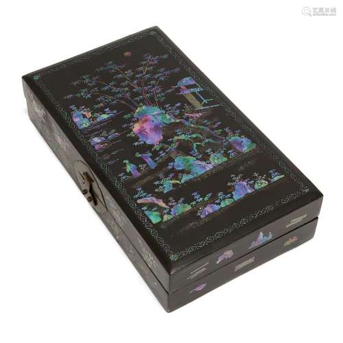A Chinese black lacquer and mother of pearl inlaid wood trav...