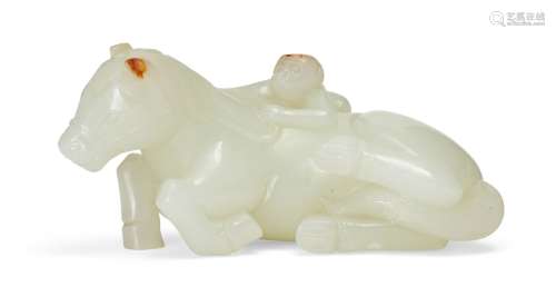 A Chinese pale green jade Ming style 'horse and monkey' carv...