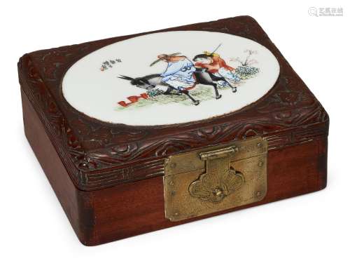A Chinese wooden card box, early 20th century, the lid inset...