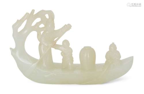 A Chinese pale green jade miniature boat carving, Republic p...