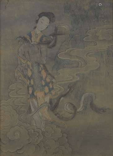 A Chinese painted stucco panel, 17th century, depicting Guan...