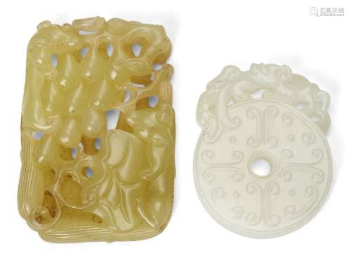 Two Chinese jade plaques, 20th century, one white jade circu...