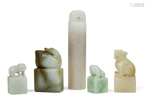 Five Chinese small jade seals, 20th century, with one white ...