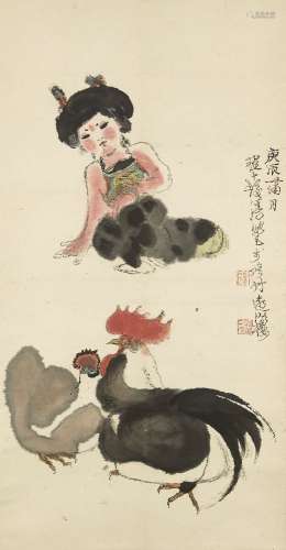 20th century Chinese school, ink and colour on paper, girl w...