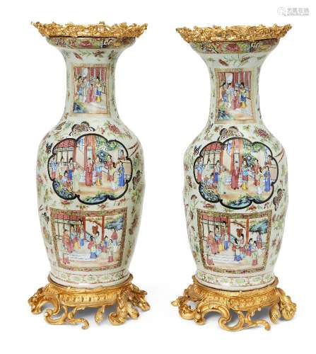 A pair of large Chinese Canton porcelain moulded baluster va...