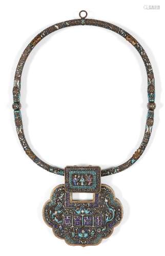 A Chinese white metal and enamel 'Fulushou' necklace, early ...