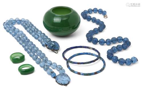 A Chinese Peking blue glass bead necklace, early 20th centur...