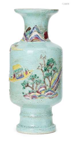 A Chinese blue-ground famille rose vase, 19th century, mould...