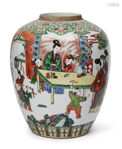 A Chinese porcelain jar, 19th century, painted in famille ve...