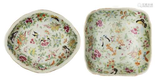 Two Chinese celadon ground famille rose porcelain dishes, la...