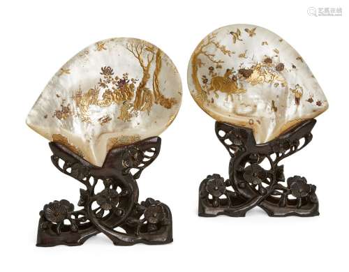 A pair of Chinese lacquered abalone shells, 19th century, fi...