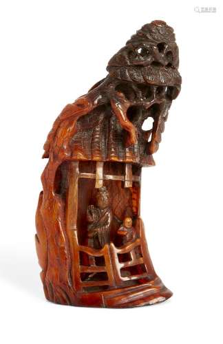 A Chinese buffalo horn carving, 19th century, carved as Guan...