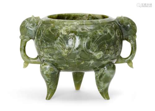 A Chinese green hardstone archaistic tripod censer, mid-20th...