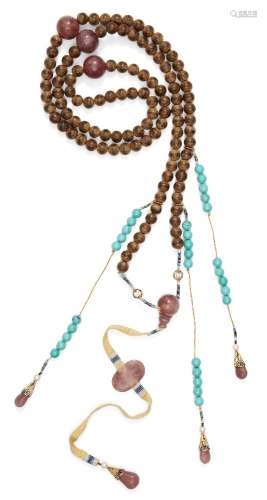 A Chinese aloeswood and rose quartz court necklace, chaozhu,...