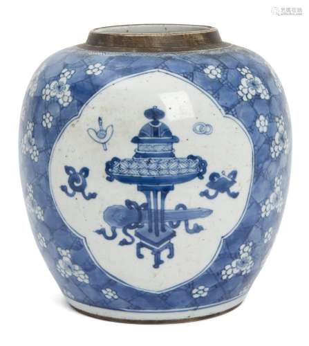 A Chinese porcelain jar, 18th century, painted in underglaze...