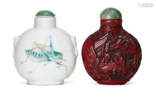 A Chinese porcelain snuff bottle and a cinnabar lacquer-type...