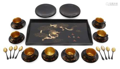 A Chinese painted lacquer coffee set, 20th century, comprise...