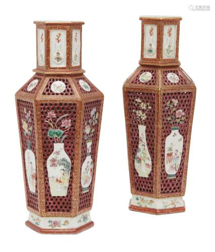 A rare pair of Chinese porcelain reticulated hexagonal vases...